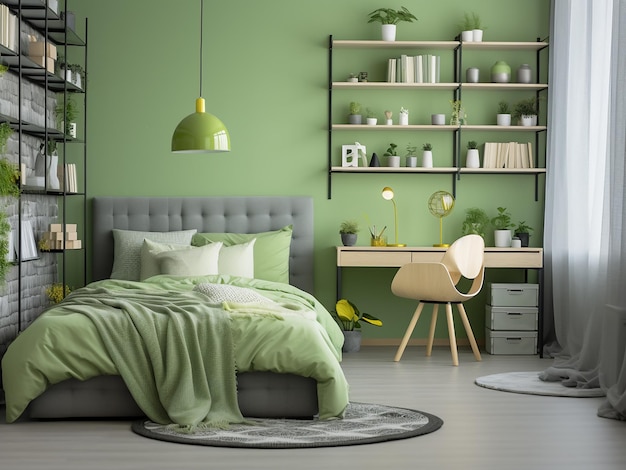 Tranquil green bedroom interior adorned with furniture AI Generated