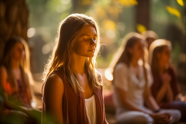 A tranquil group meditation session outdoors with women focusing inward as sunlight filters through