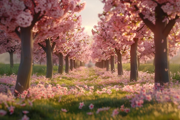 A tranquil grove of cherry blossom trees in full b