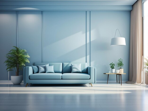 Tranquil haven empty living room with blue tones wall