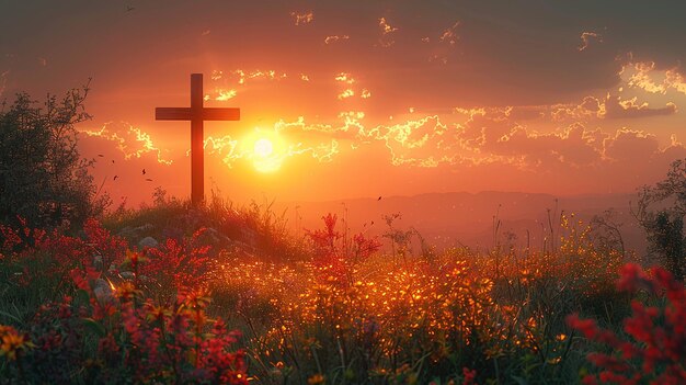 A Tranquil Hilltop With Cross Silhouetted Background