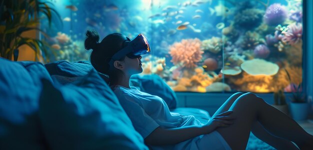 Tranquil home aquarium scene with woman relaxing vivid underwater imagery cozy evening ambiance AI