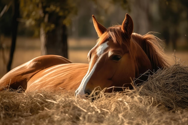 Спокойная лошадь возлежит на постели из свежего сена Generative AI