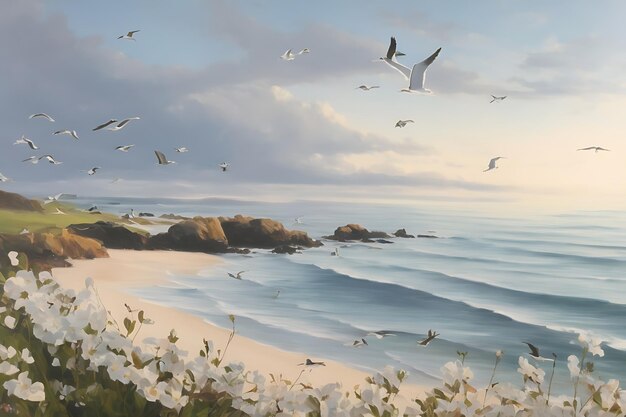 tranquil hush with the sound of gentle waves and the distant cries of seagulls