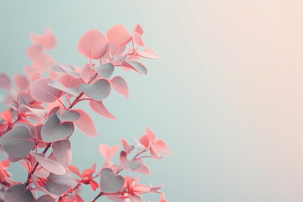 A tranquil image showcasing delicate pink leaves against a soft pastel blue background