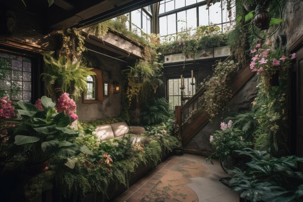 A tranquil indoor garden with rich greenery and blooming flowers