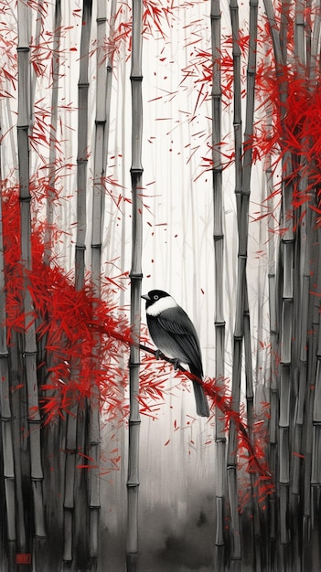 A tranquil Japanese art illustration featuring a bambo