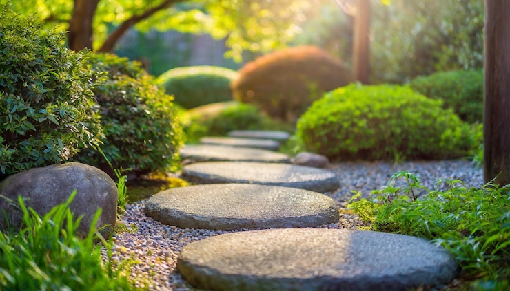 Photo tranquil japanese garden scene with pathway of smooth rocks leading to zen