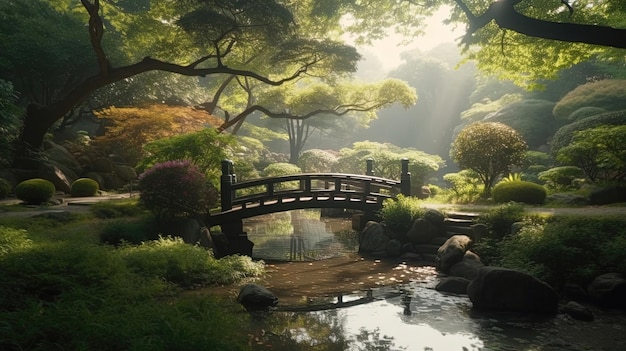 静かな日本庭園には、AIが生成した丁寧に手入れされた風景が静寂に包まれています