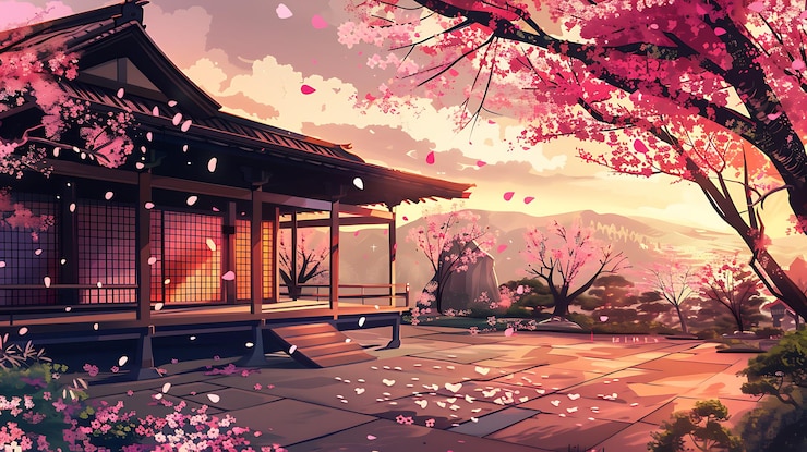 Photo tranquil japanese garden with cherry blossoms and a traditional house at sunset