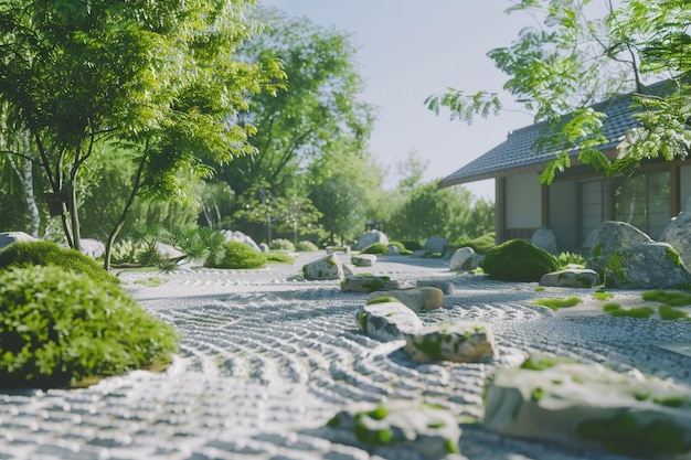 Tranquil Japanese garden with meticulously arrange