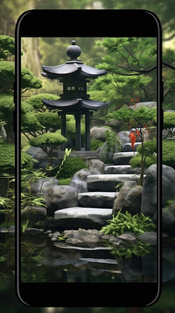 Photo tranquil japanese garden with stone lanterns and bamboo wallpaper for the phone