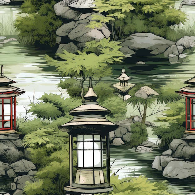 Photo tranquil japanese garden with stone lanterns and bamboo