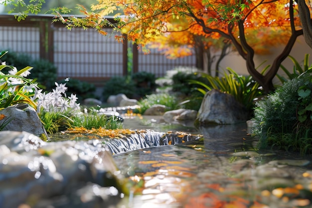 A tranquil Japanese garden with a trickling stream