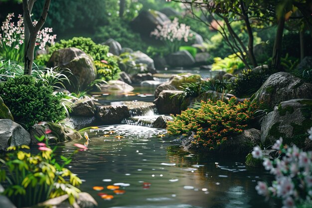 조용 한 일본 정원 과 흘러내리는 하천