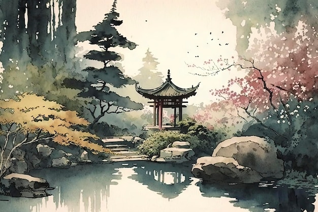 Tranquil Japanese Watercolor Garden with Soothing Tones