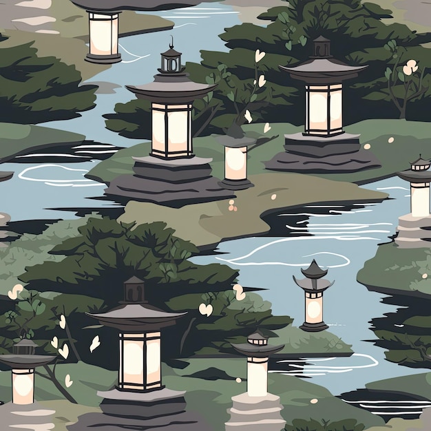 Tranquil japanese zen garden with stone lanterns