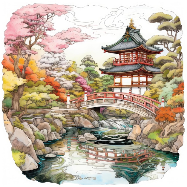 A Tranquil Journey Exploring a Multicolor Japanese Garden in Utamaro Kitagawa Style