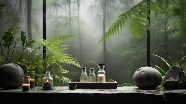 A tranquil jungle setting during the rainy season with soft diffused lighting filtering thr