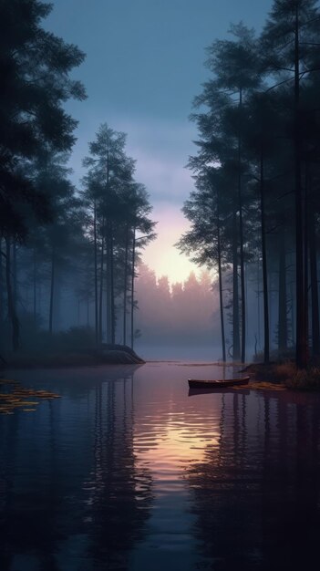 Tranquil Lake in Dense Forest with Rising Mist AI Generated