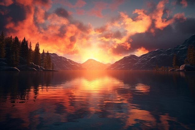 Tranquil lake reflecting the fiery colors of a sun 00723 01
