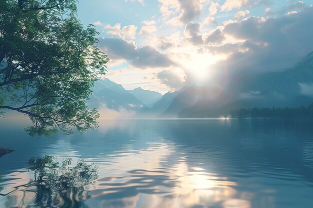 Tranquil lake reflections at sunrise octane render