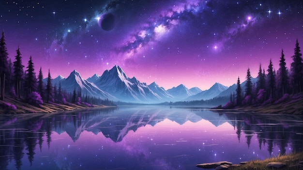 A tranquil lake reflects the shimmering expanse of a purple starlit sky and creating a surreal mirr