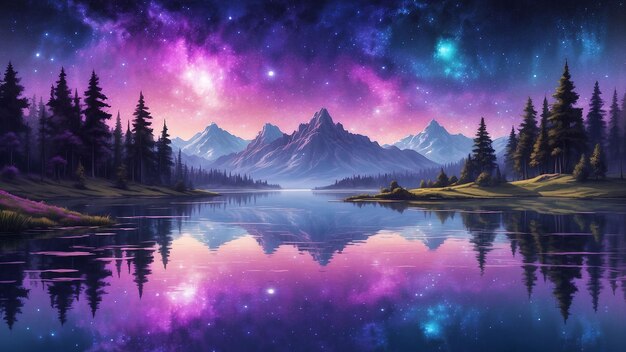 Photo a tranquil lake reflects the shimmering expanse of a purple starlit sky and creating a surreal mirr