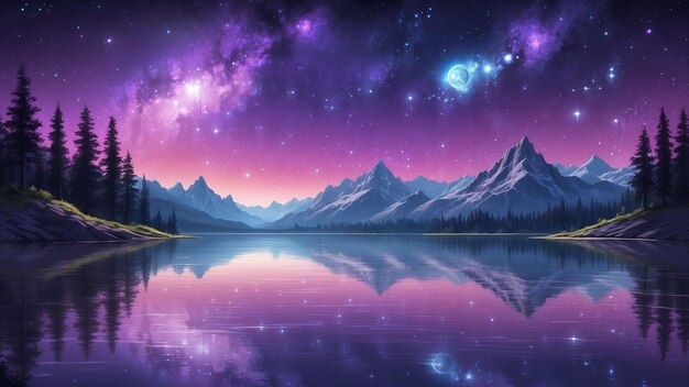 Photo a tranquil lake reflects the shimmering expanse of a purple starlit sky and creating a surreal mirr