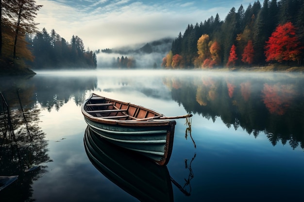 Tranquil Lake Scene Fishing Boat Amidst Picturesque Backdrop AI