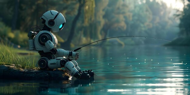 Фото Спокойное озеро для спокойного опыта рыбалки с роботом концепция фотосессия на открытом воздухе