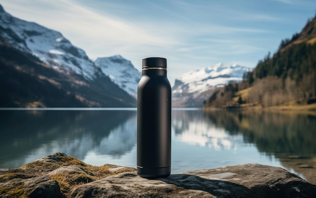 Tranquil Lake Setting with a Black Water Bottle