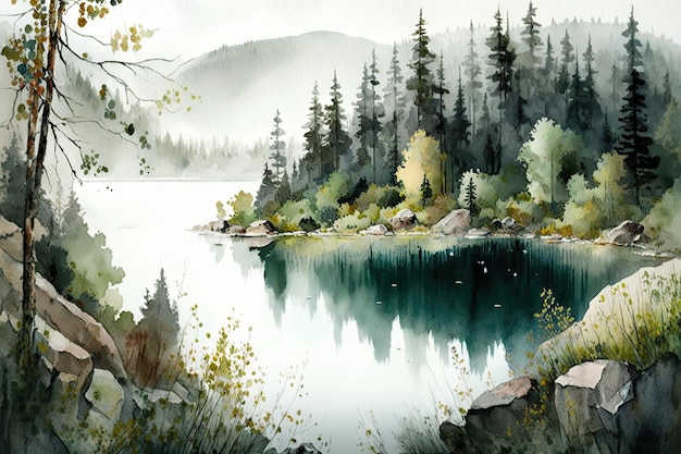 Photo a tranquil lake surrounded by forest in a watercolor scene