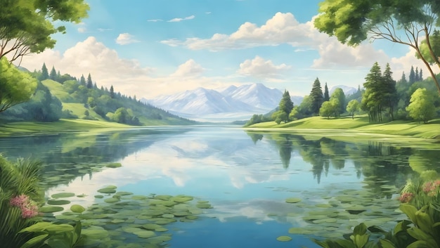 A tranquil lake surrounded by lush greenery reflecting the beauty of nature illustration