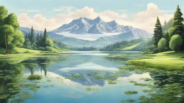 A tranquil lake surrounded by lush greenery reflecting the beauty of nature illustration