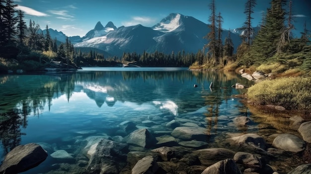 A tranquil lake surrounded by majestic mountains