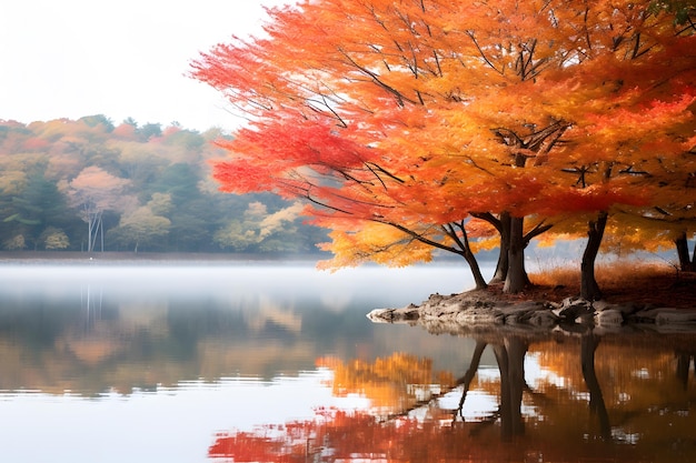 평화와 평온을 상징하는 나무로 둘러싸인 고요한 호수