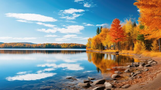 tranquil lake surrounded by vibrant autumn foliage