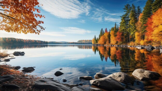 활기찬 가을 단풍으로 둘러싸인 고요한 호수