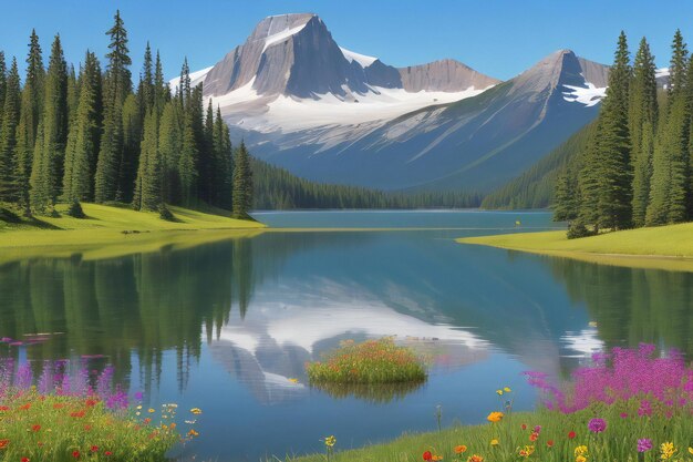 A tranquil lake surrounded by vibrant wildflowers and tall trees with a picturesque mountain