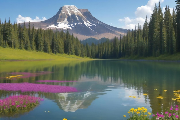 A tranquil lake surrounded by vibrant wildflowers and tall trees with a picturesque mountain