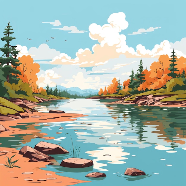 Tranquil lake vector illustration in kawaii anime style cartoon