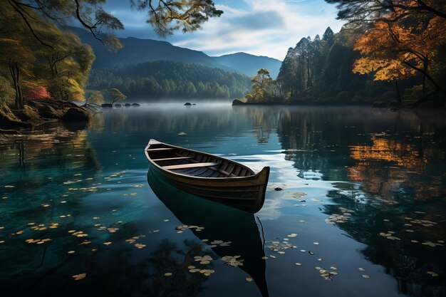 Tranquil lake with a lone rowboat under the stars generative ai