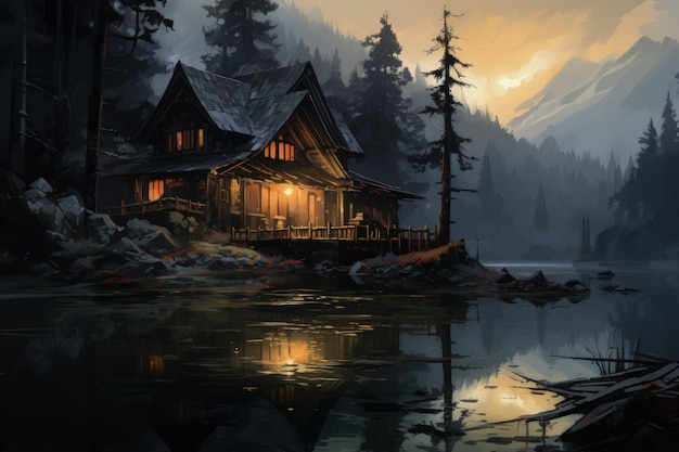 Tranquil Lakeside Cabin in Misty Morning Generative AI