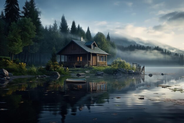 Tranquil Lakeside Cabin in Misty Morning Generative AI