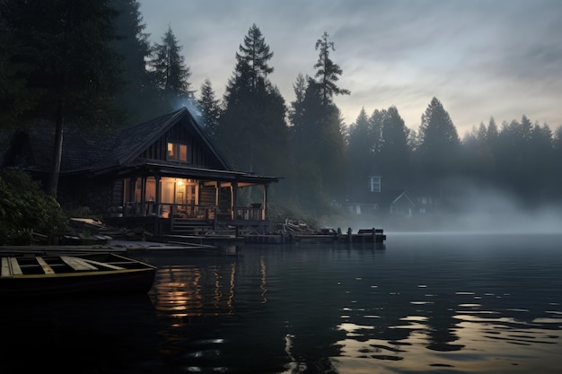 Tranquil Lakeside Cabin in Misty Morning Generative AI