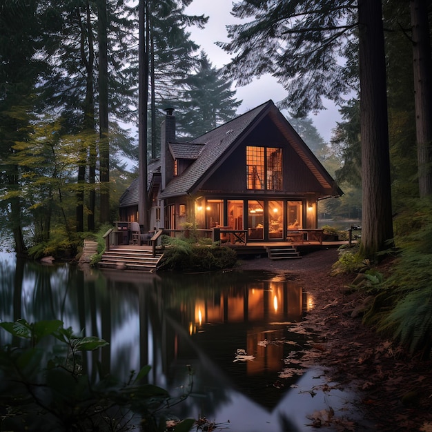 A tranquil lakeside cabin in the woods generative ai