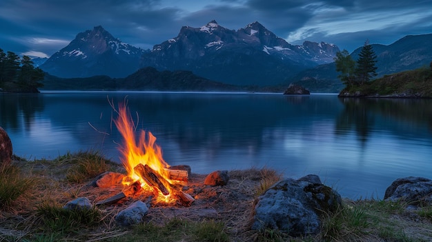 Tranquil Lakeside Campfire at Dusk