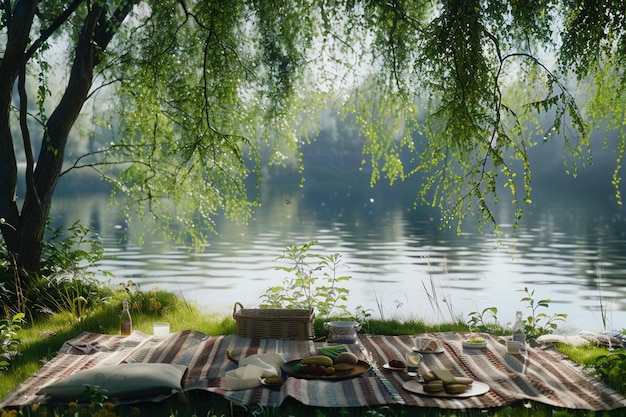 Photo tranquil lakeside picnics under willow trees