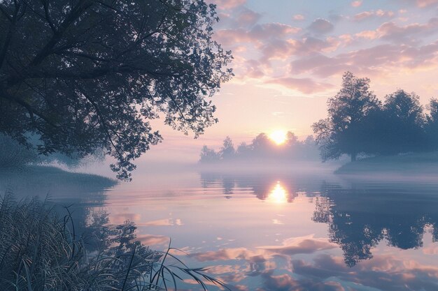 Tranquil lakeside reflections at dawn octane rende